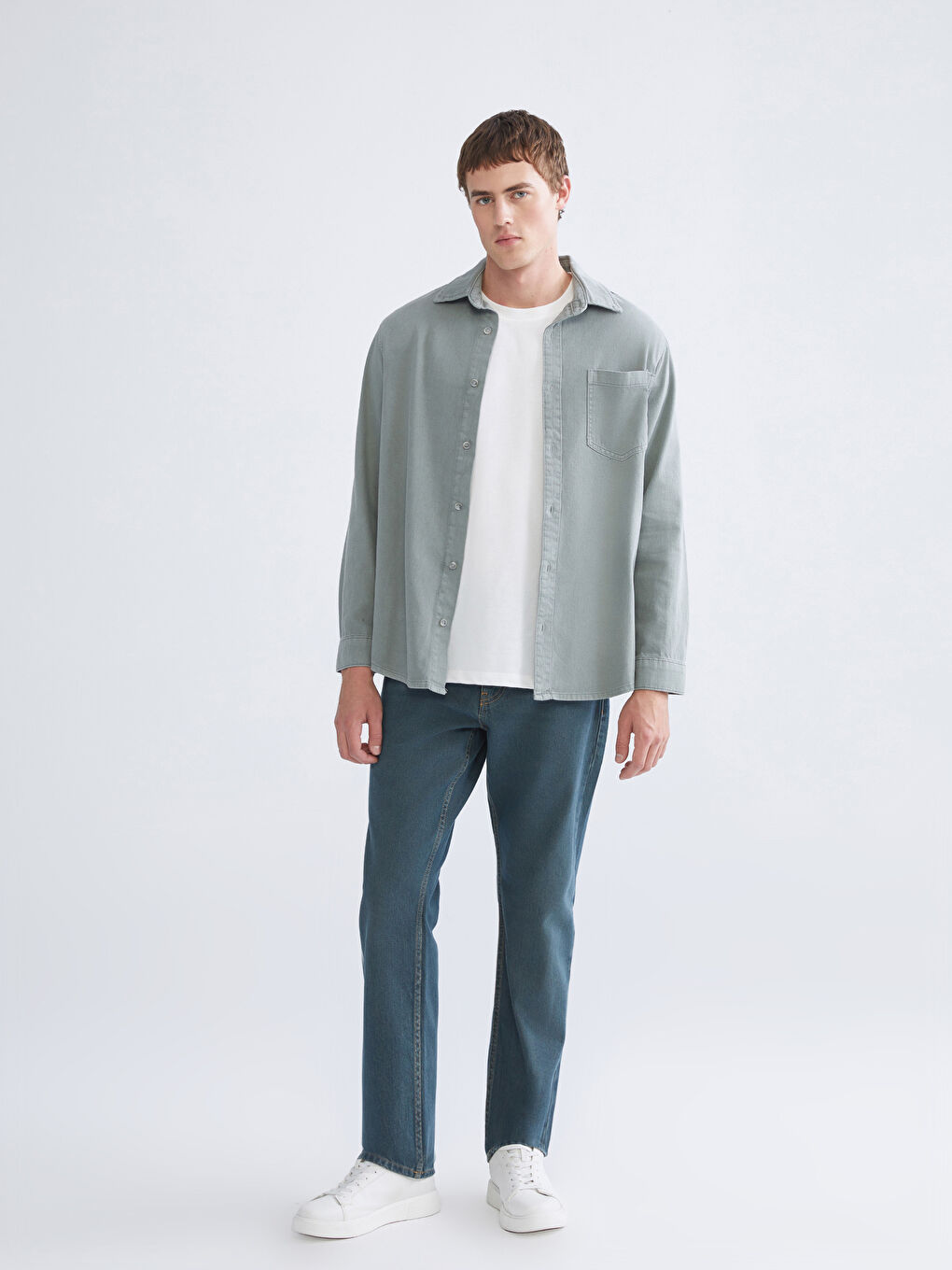 Yeşil Regular Fit Uzun Kollu Erkek Jean Gömlek-1