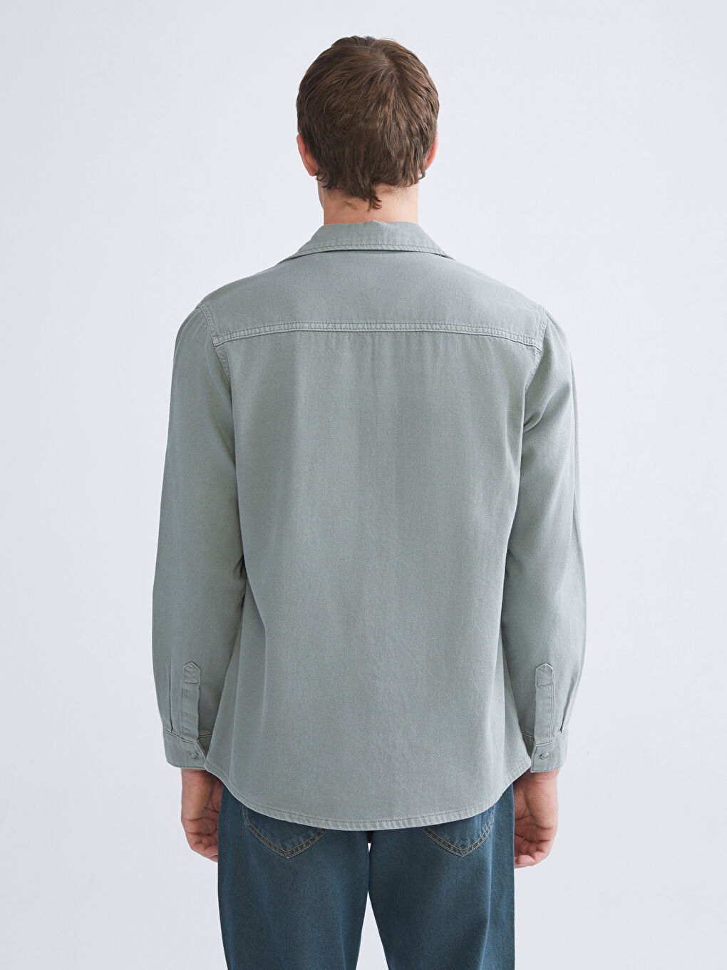 Yeşil Regular Fit Uzun Kollu Erkek Jean Gömlek-3