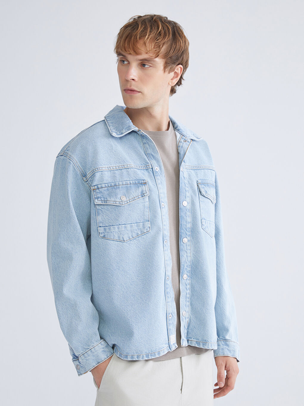 İndigo Rahat Kalıp Uzun Kollu Erkek Jean Gömlek-1