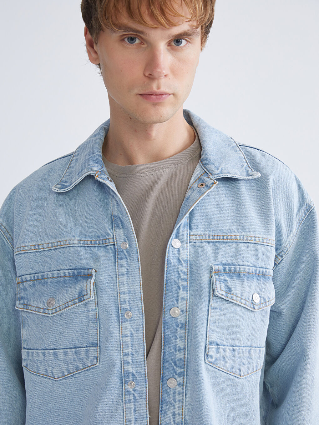 İndigo Rahat Kalıp Uzun Kollu Erkek Jean Gömlek-3