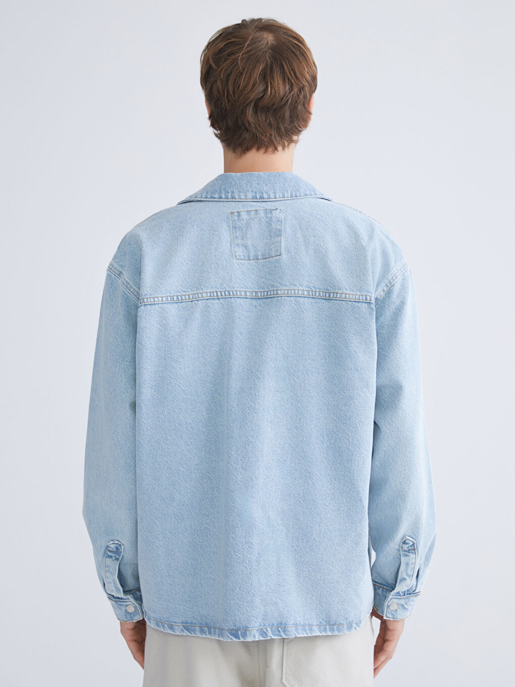 İndigo Rahat Kalıp Uzun Kollu Erkek Jean Gömlek-4