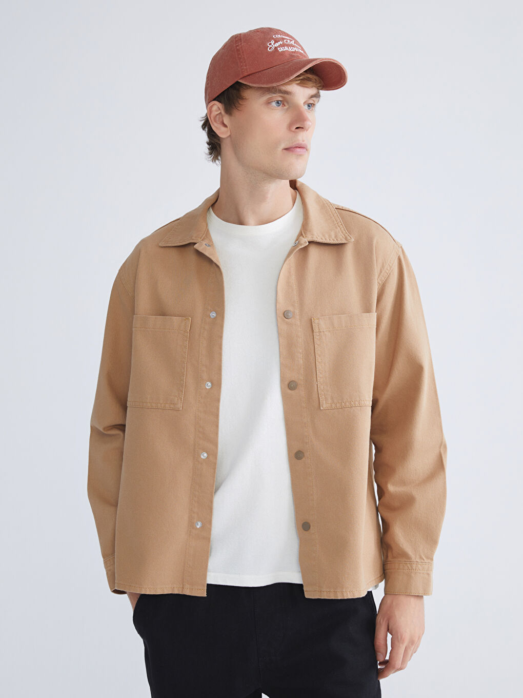 Bej Rahat Kalıp Uzun Kollu Erkek Jean Gömlek