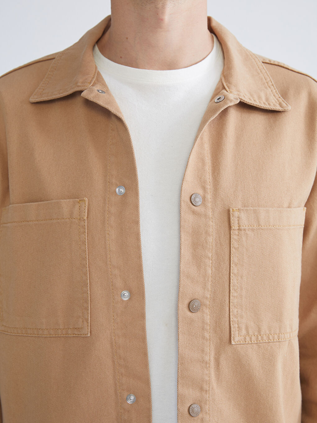 Bej Rahat Kalıp Uzun Kollu Erkek Jean Gömlek-2