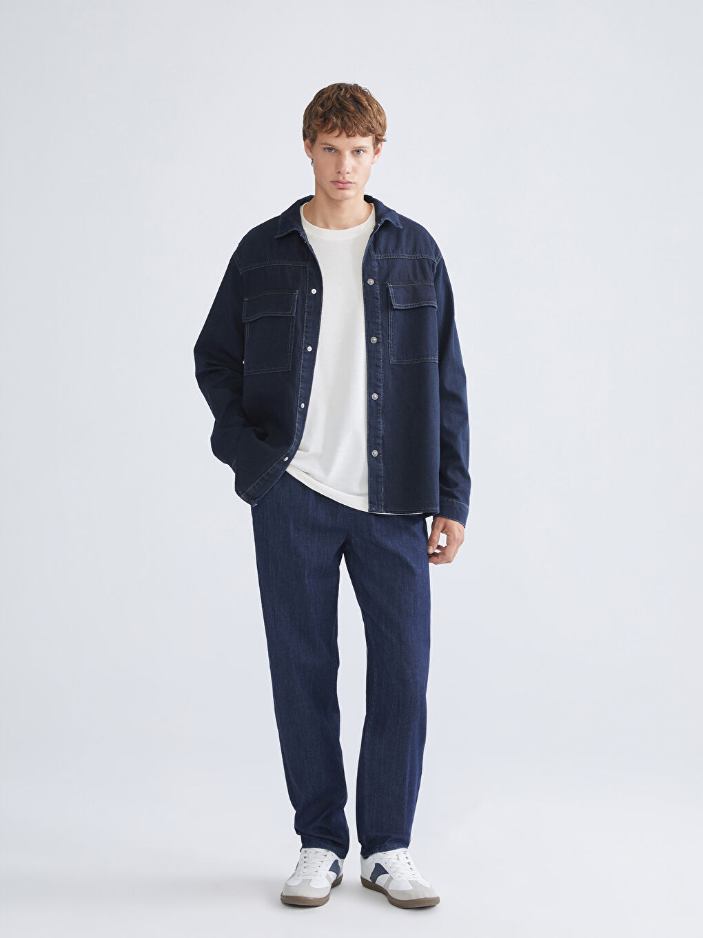 İndigo Rahat Kalıp Uzun Kollu Erkek Jean Gömlek-1