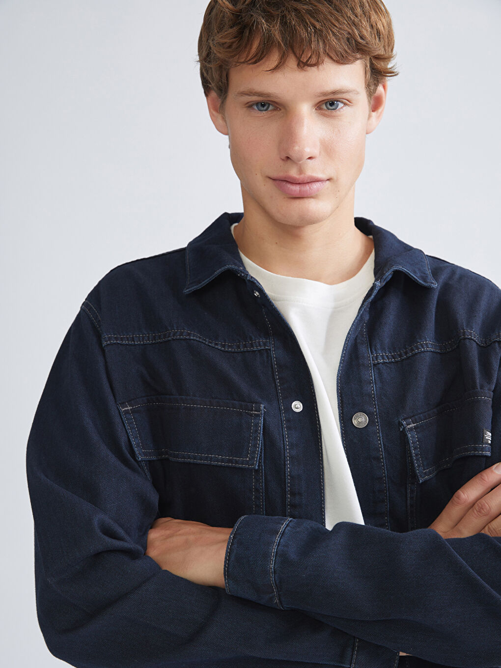 İndigo Rahat Kalıp Uzun Kollu Erkek Jean Gömlek-2