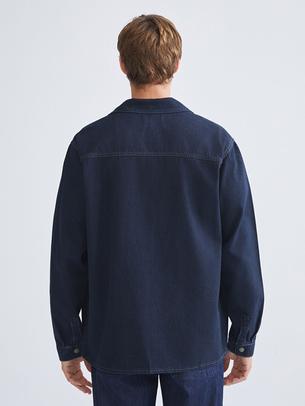 İndigo Rahat Kalıp Uzun Kollu Erkek Jean Gömlek-3