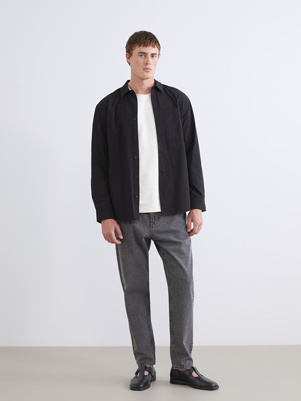 Ерлерге арналған ұзын жеңді поплин жейде-1