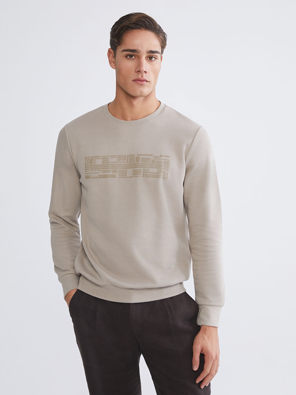 Bej Bisiklet Yaka Baskılı Erkek Sweatshirt