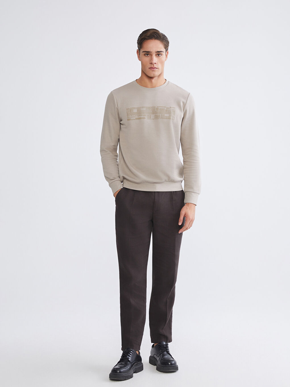 Bej Bisiklet Yaka Baskılı Erkek Sweatshirt-1