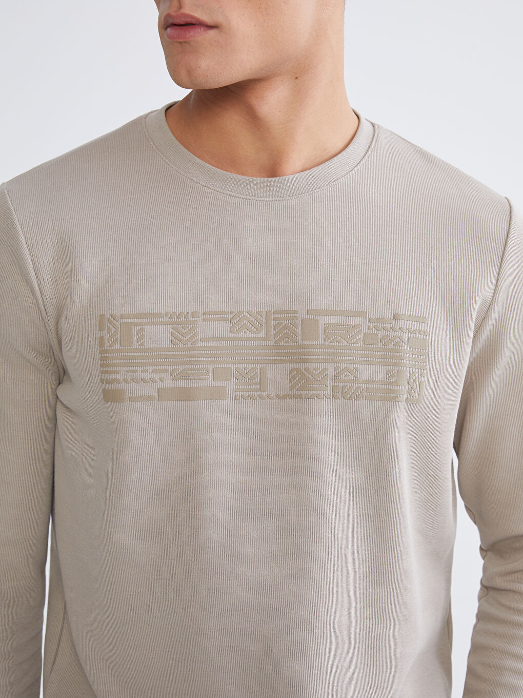 Bej Bisiklet Yaka Baskılı Erkek Sweatshirt-2