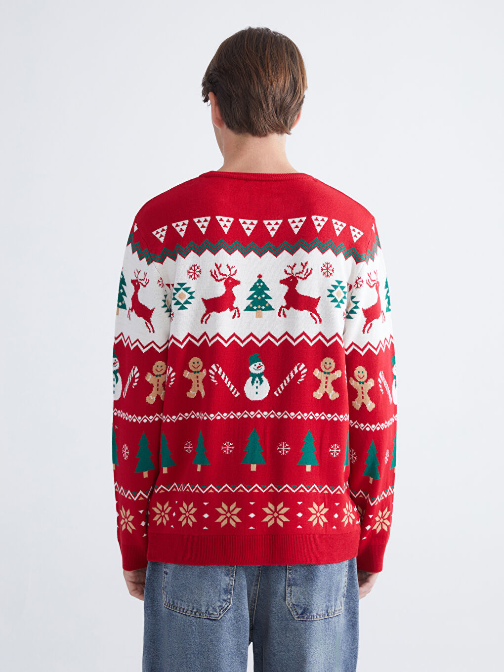 Kırmızı Bisiklet Yaka Yılbaşı Temalı Erkek Triko Kazak-3