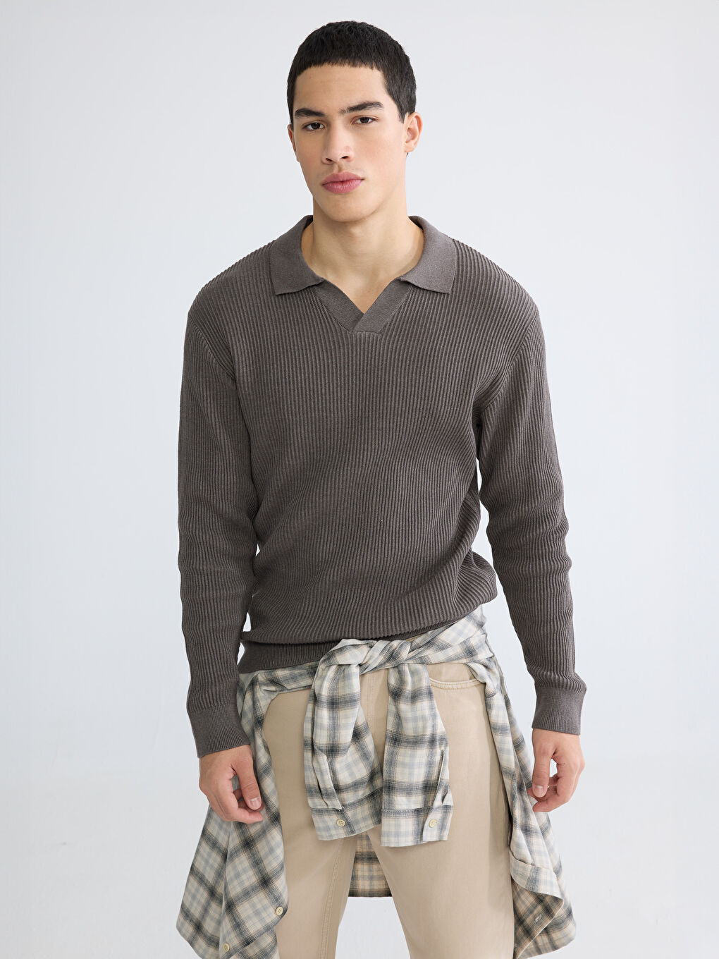 Bej Polo Yaka Erkek Triko Kazak