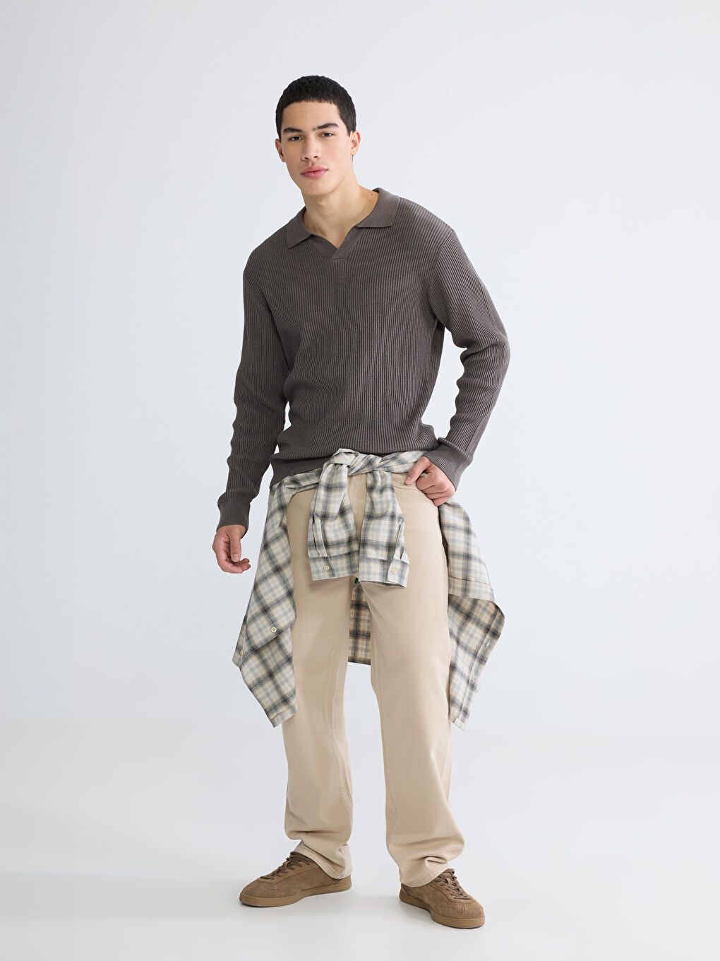 Bej Polo Yaka Erkek Triko Kazak-1