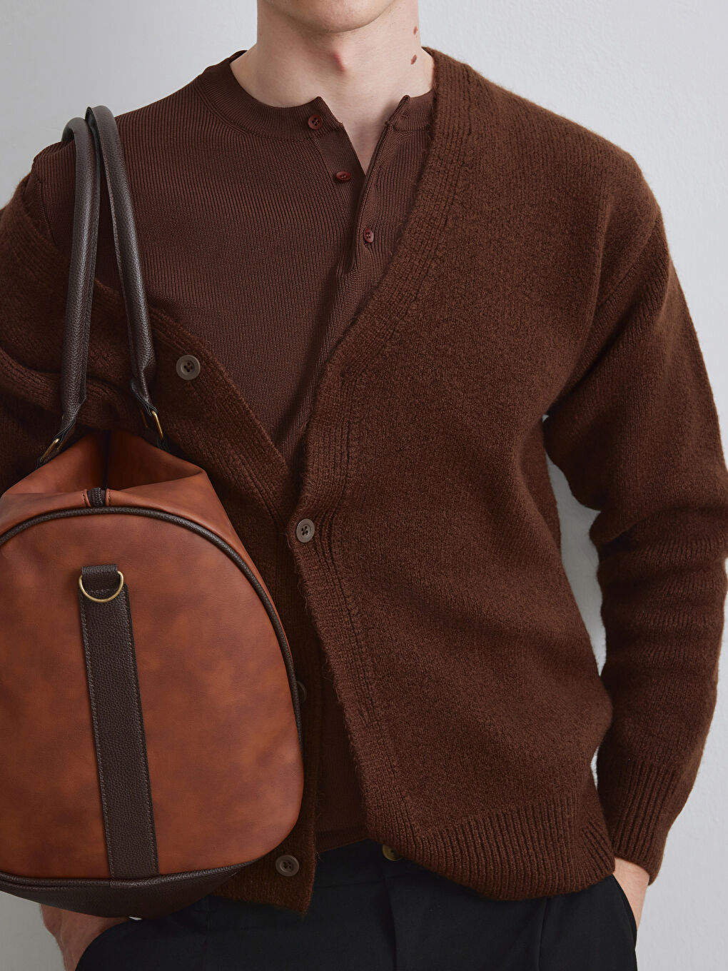 Kahverengi V Yaka Erkek Triko Hırka-2