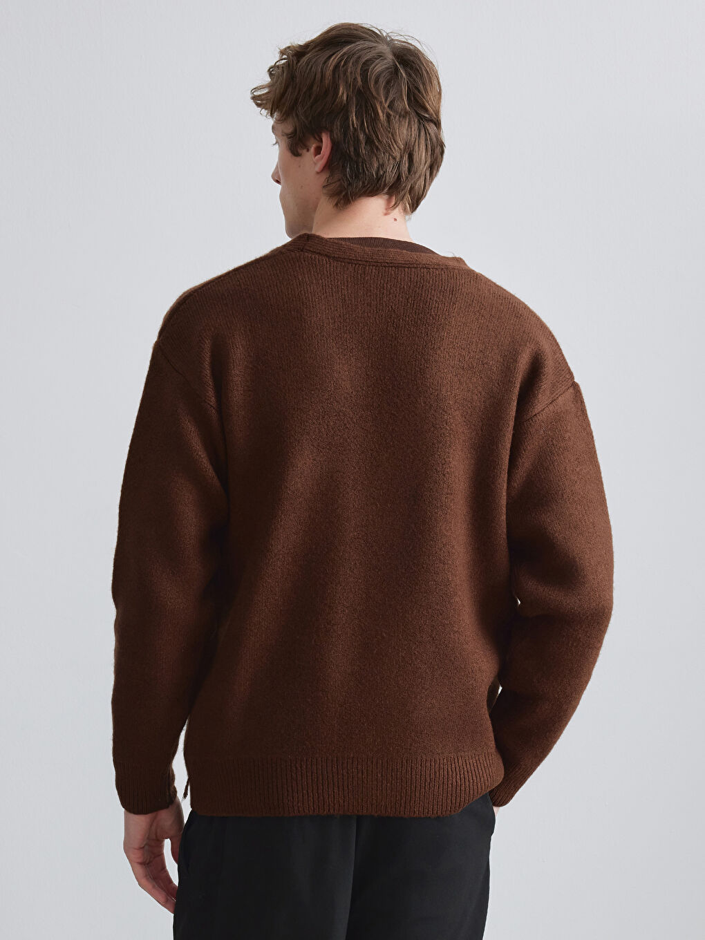 Kahverengi V Yaka Erkek Triko Hırka-3