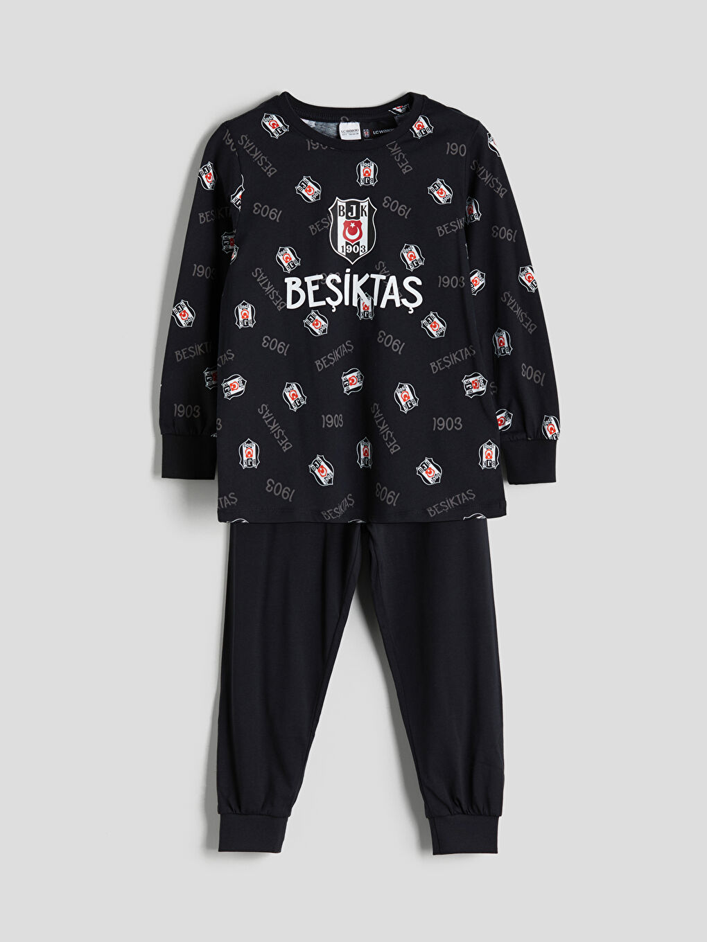 Siyah Bisiklet Yaka Beşiktaş Baskılı Erkek Çocuk Pijama Takımı