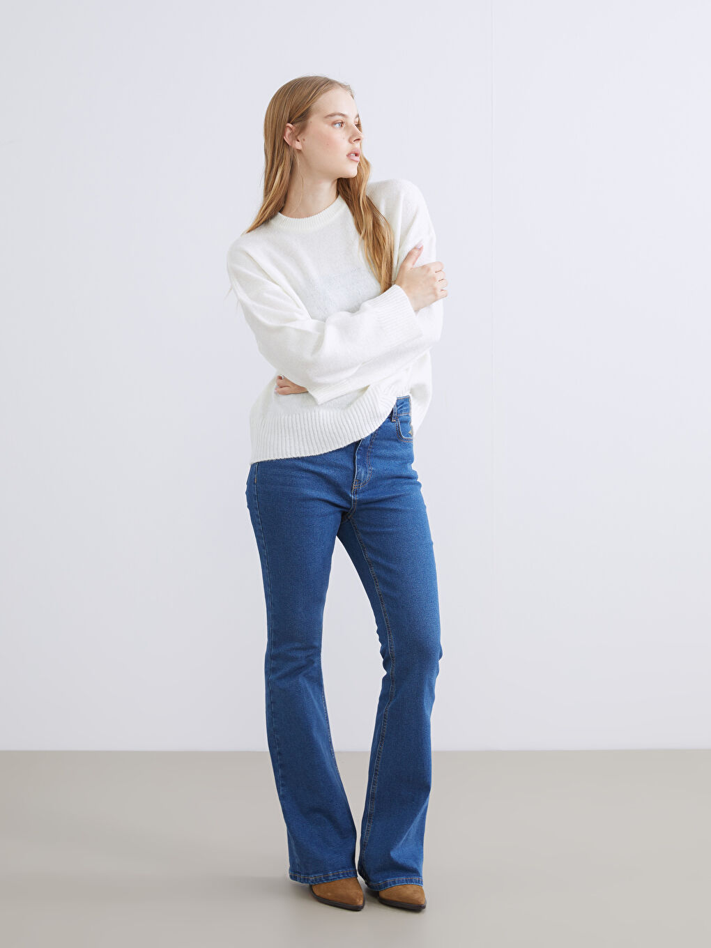 كنزة صوفية تريكو فضفاضة واسعة الحجم بياقة دائرية للنساء-3