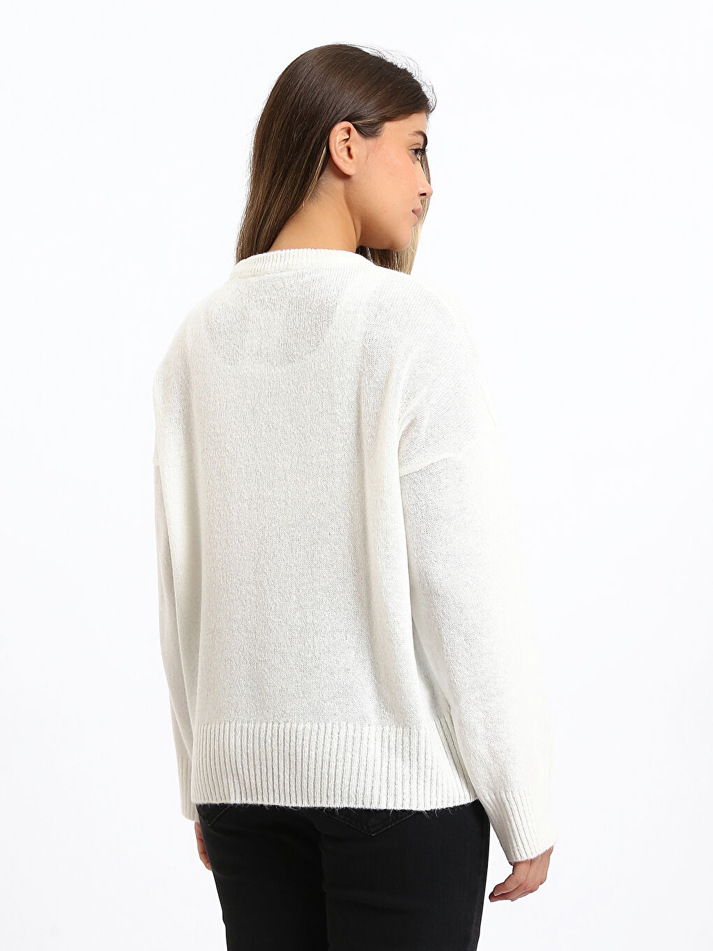 كنزة صوفية تريكو فضفاضة واسعة الحجم بياقة دائرية للنساء-8