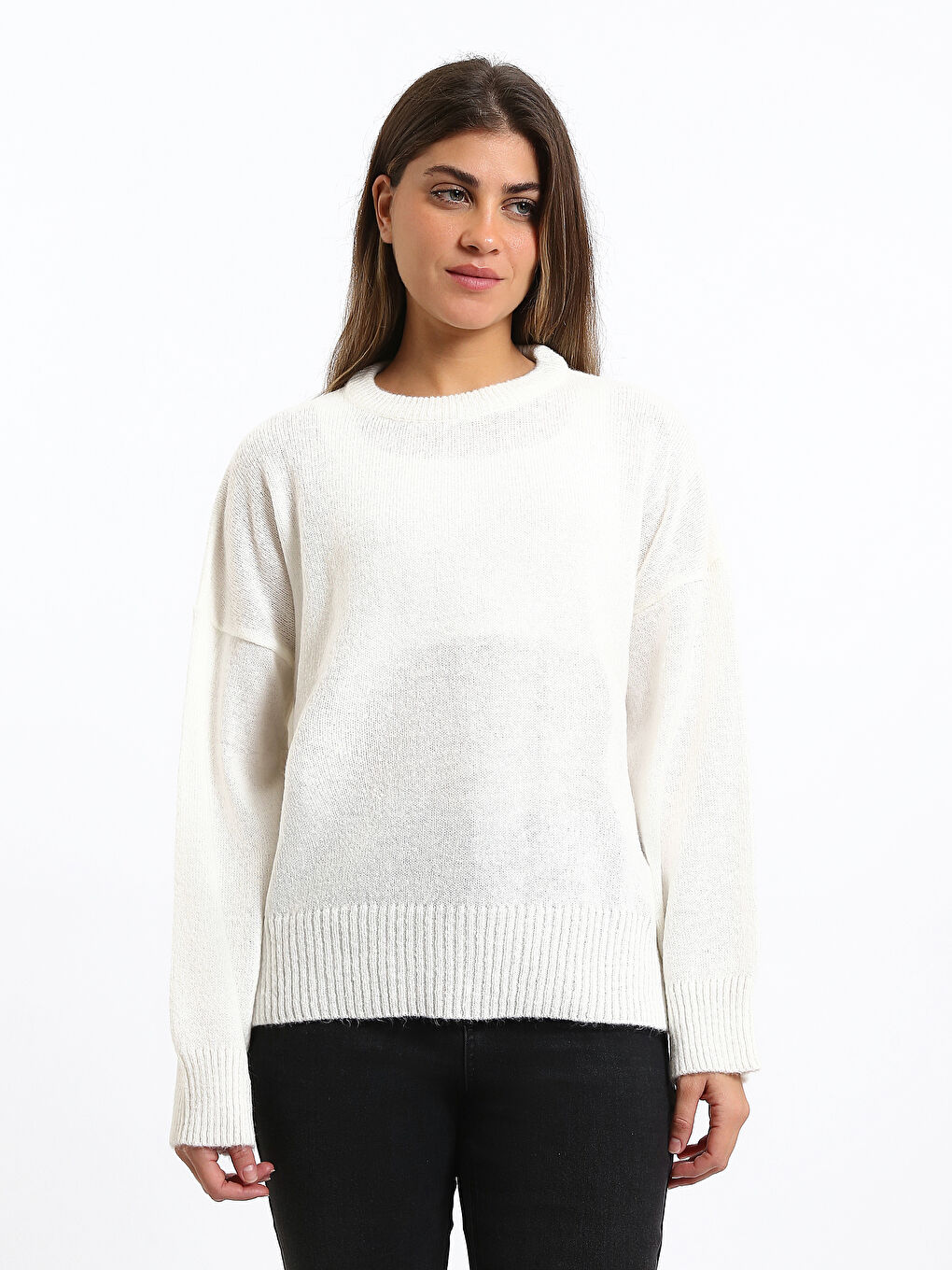 كنزة صوفية تريكو فضفاضة واسعة الحجم بياقة دائرية للنساء-1