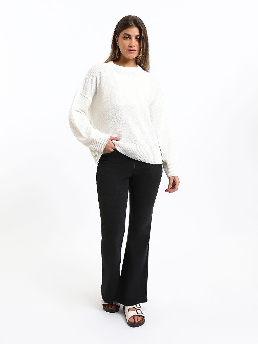 كنزة صوفية تريكو فضفاضة واسعة الحجم بياقة دائرية للنساء-2