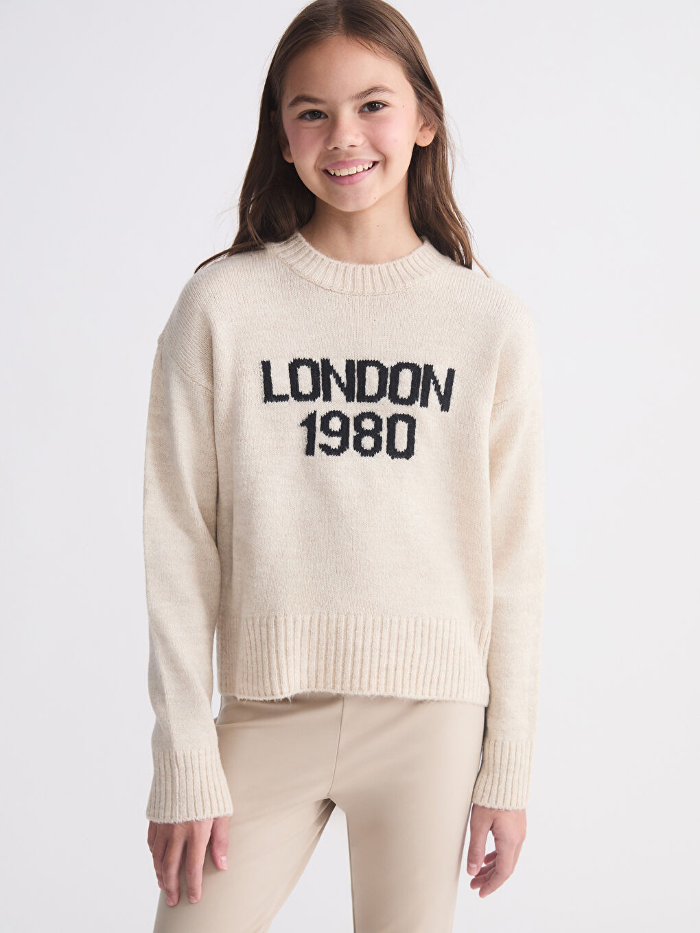 Ekru Bisiklet Yaka London Desenli Kız Çocuk Triko Kazak