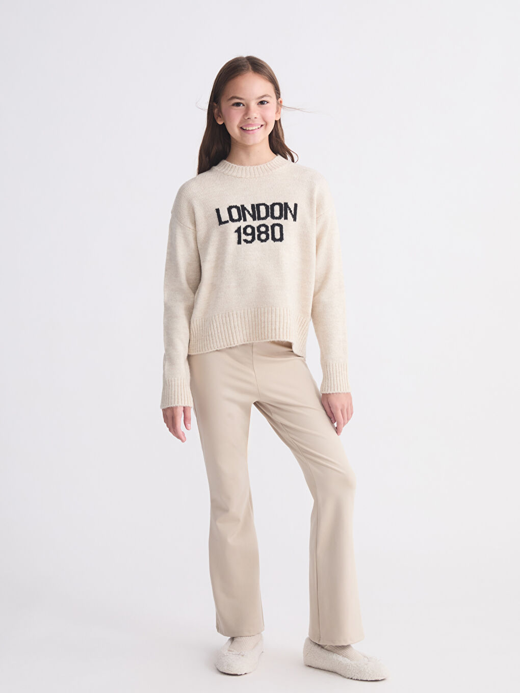 Ekru Bisiklet Yaka London Desenli Kız Çocuk Triko Kazak-1