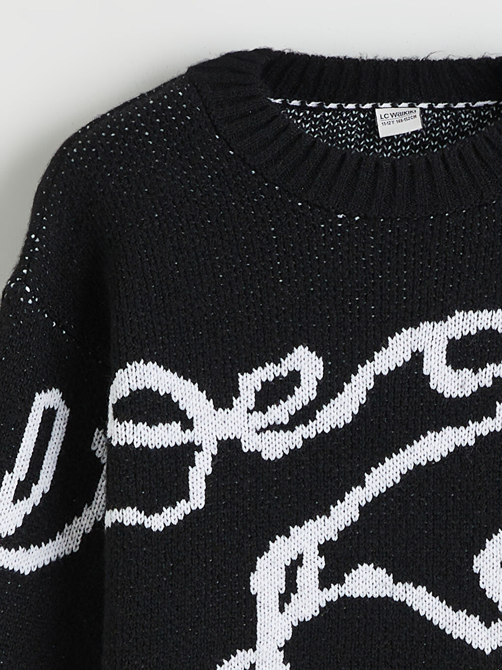 Siyah Bisiklet Yaka Desenli Kız Çocuk Triko Kazak-1