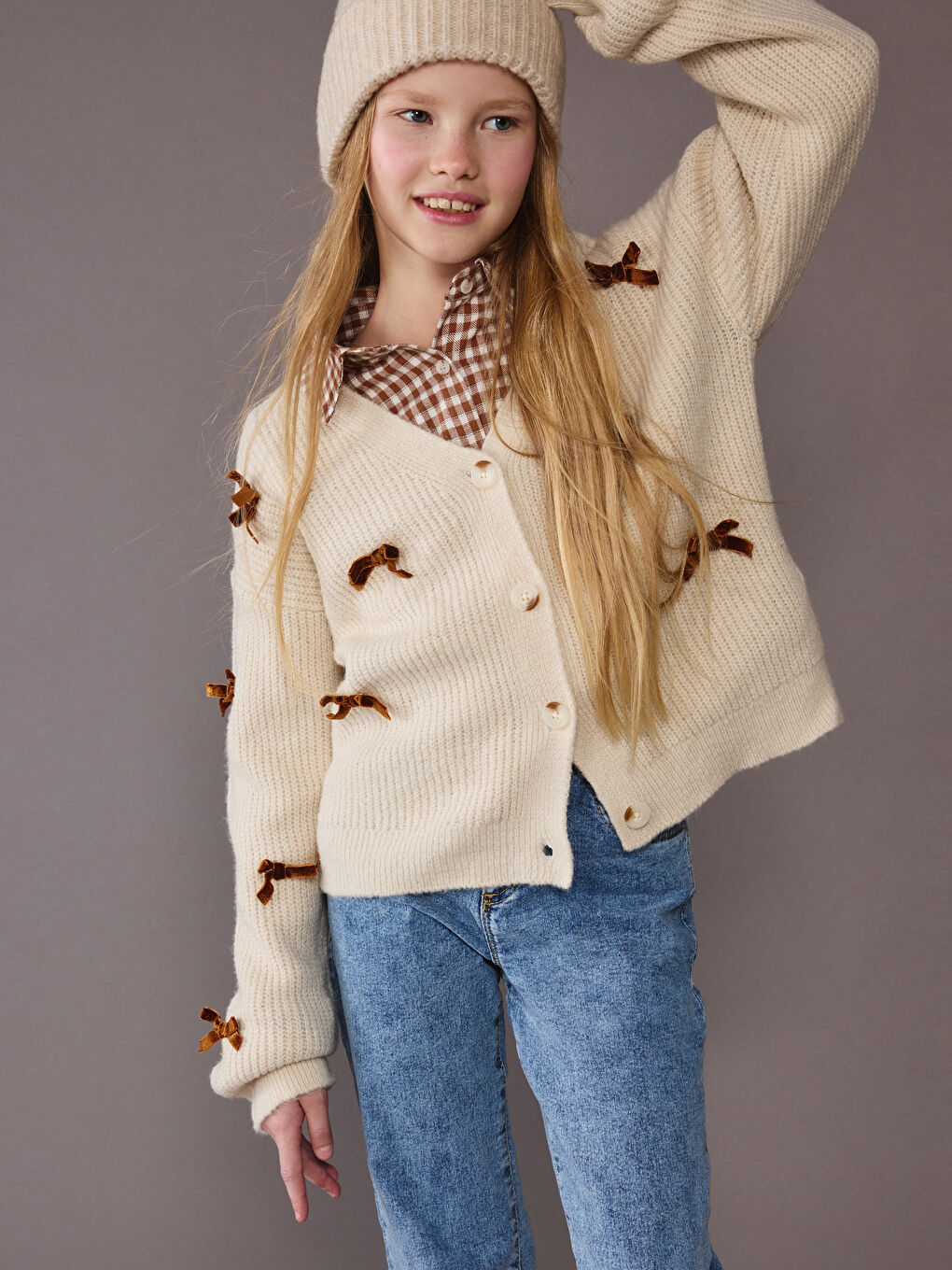 V-Neck Bow Detailed Girls Knit Cardigan-1