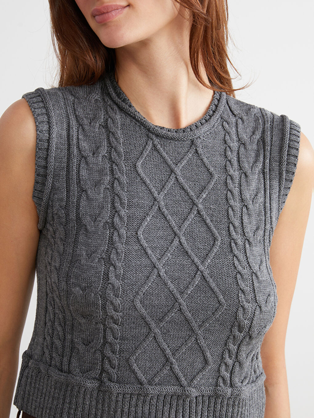 Crew Neck Self Patterned Women's Knitwear Sweater Vest-5