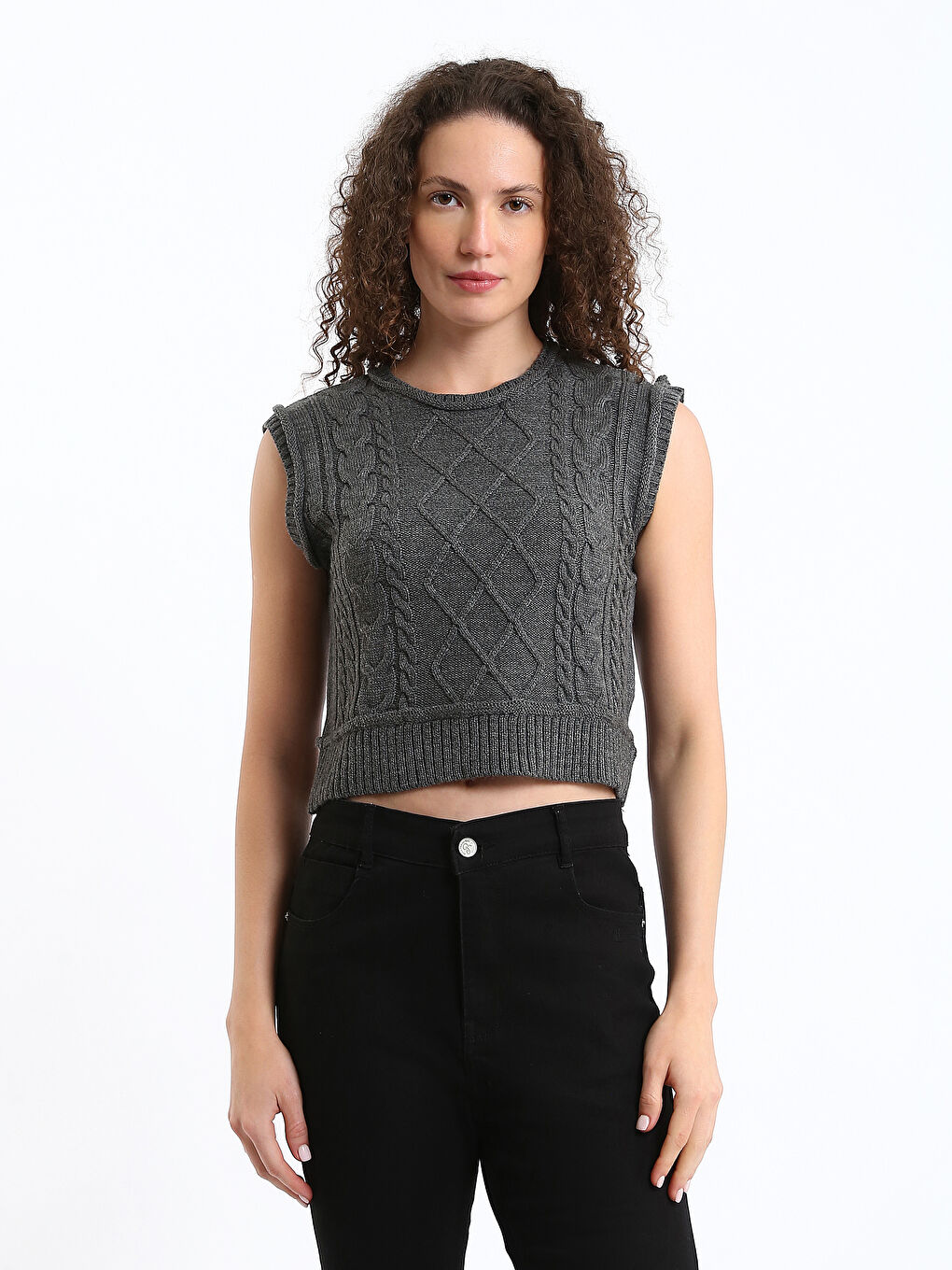 Crew Neck Self Patterned Women's Knitwear Sweater Vest-1