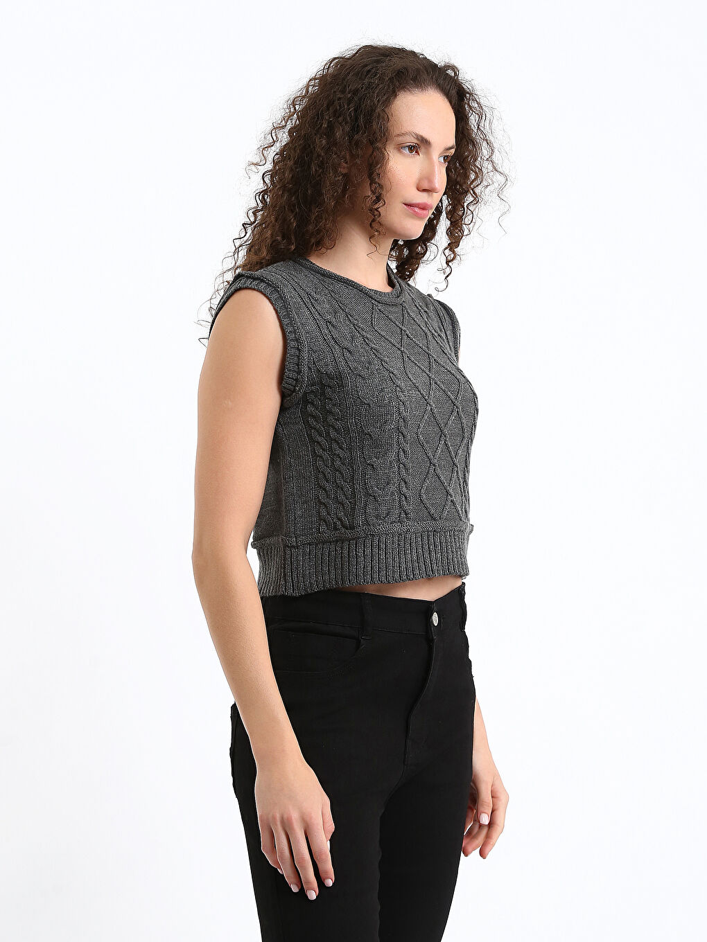 Crew Neck Self Patterned Women's Knitwear Sweater Vest-6