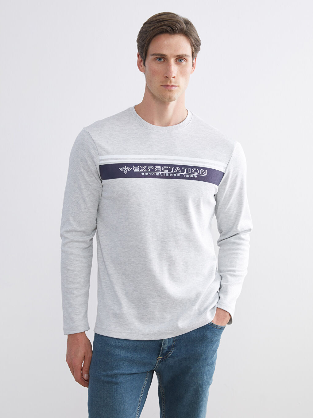 Bej Bisiklet Yaka Baskılı Erkek Sweatshirt