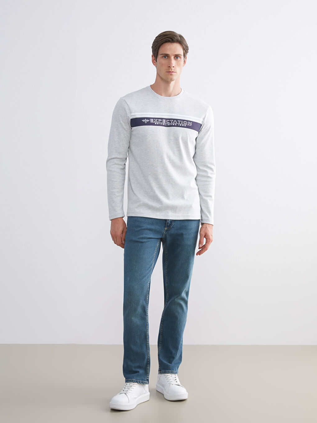 Bej Bisiklet Yaka Baskılı Erkek Sweatshirt-1