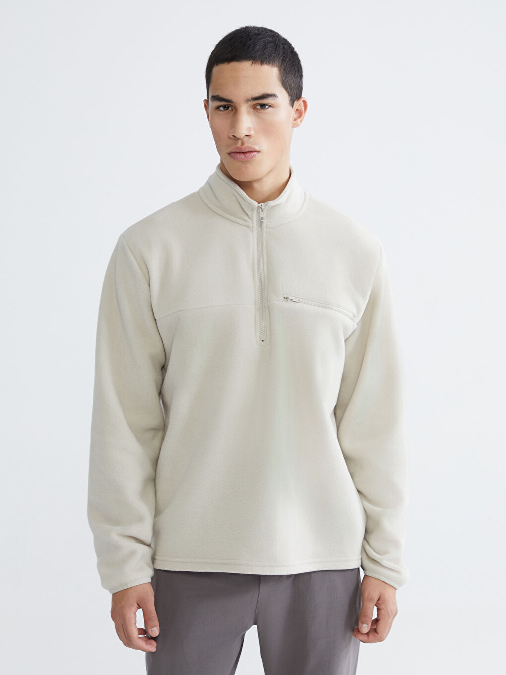 Gri Dik Yaka Polar Erkek Sweatshirt