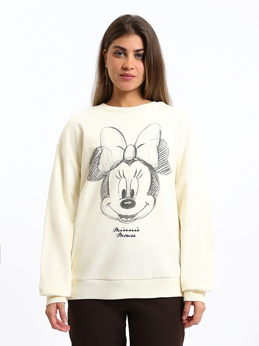 Sweat-shirt Épais Imprimé Minnie Mouse Surdimensionné pour Femmes à Col Rond