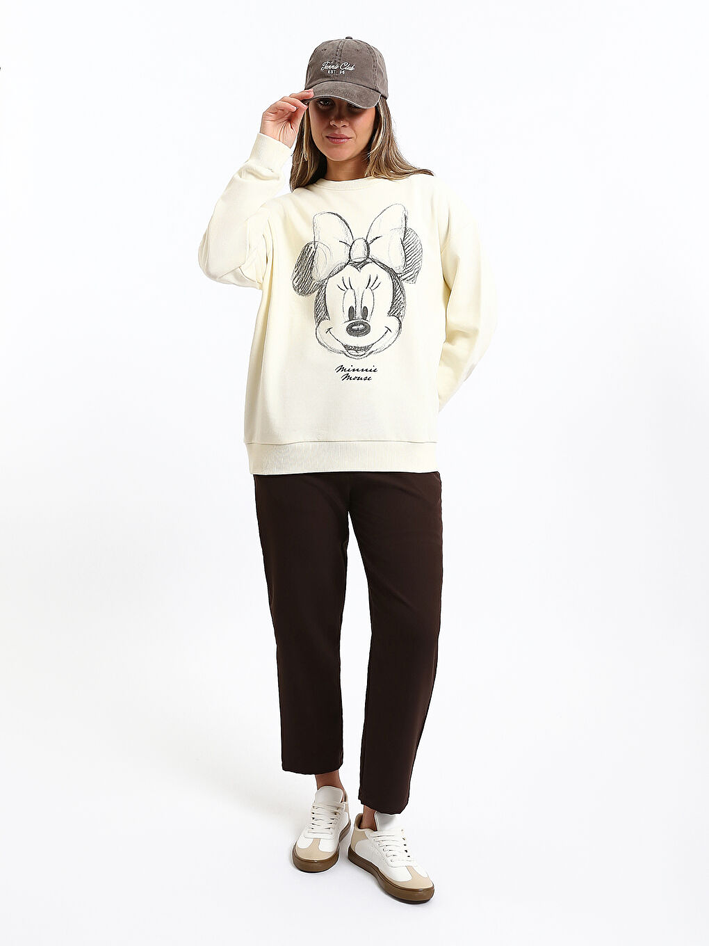 Sweat-shirt Épais Imprimé Minnie Mouse Surdimensionné pour Femmes à Col Rond-1