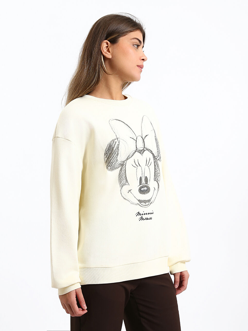 Sweat-shirt Épais Imprimé Minnie Mouse Surdimensionné pour Femmes à Col Rond-3