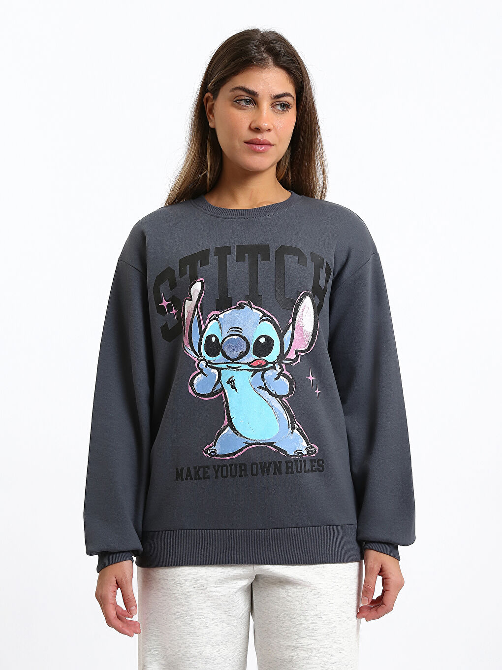Sweat-shirt Épais Imprimé Lilo & Stitch à Col Rond pour Femmes