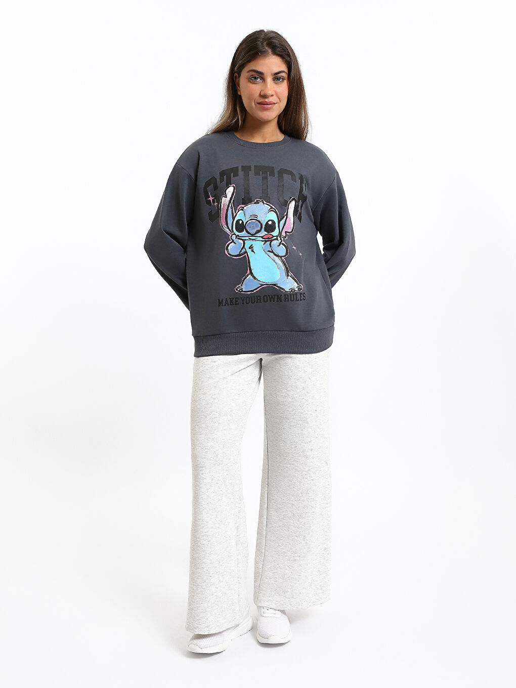 Sweat-shirt Épais Imprimé Lilo & Stitch à Col Rond pour Femmes-1