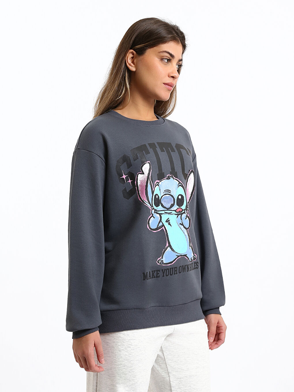Sweat-shirt Épais Imprimé Lilo & Stitch à Col Rond pour Femmes-3