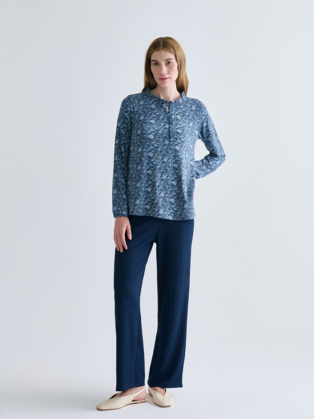 Tie Neck Patterned Blouse-1