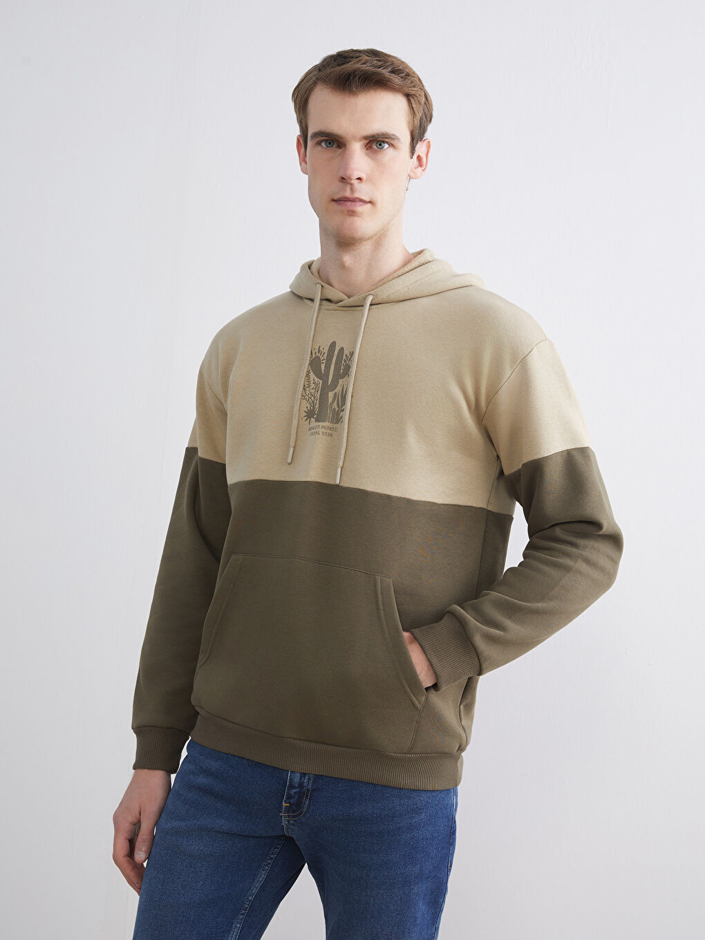 Haki Uzun Kollu Renk Bloklu Erkek Hoodie