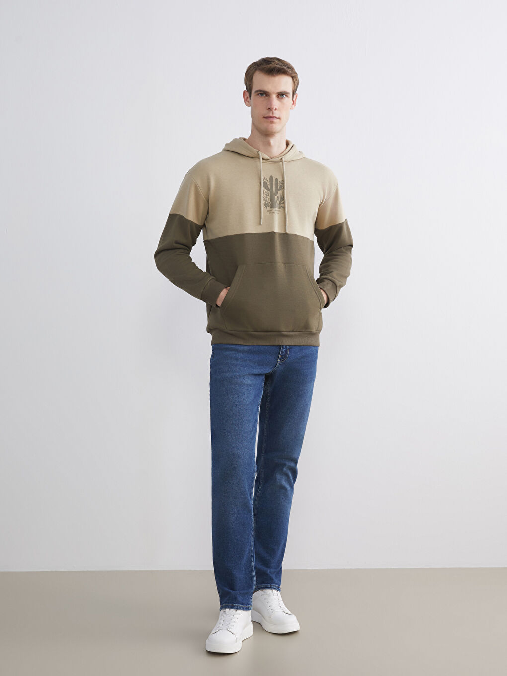 Haki Uzun Kollu Renk Bloklu Erkek Hoodie-1