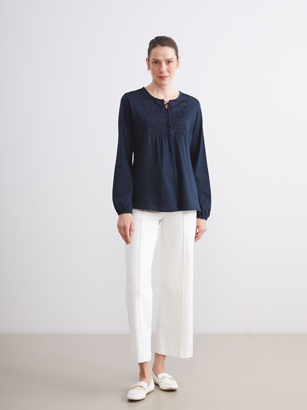 Tie Neck Embroidered Blouse-3
