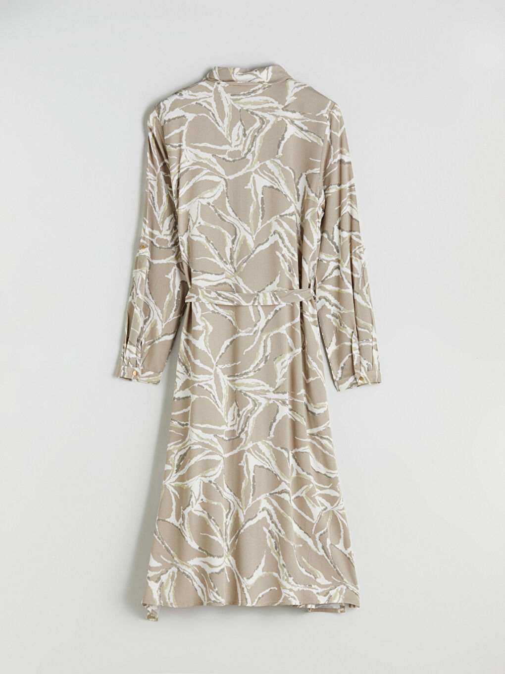 Yeşil Beli Kuşaklı Desenli Gömlek Elbise-5