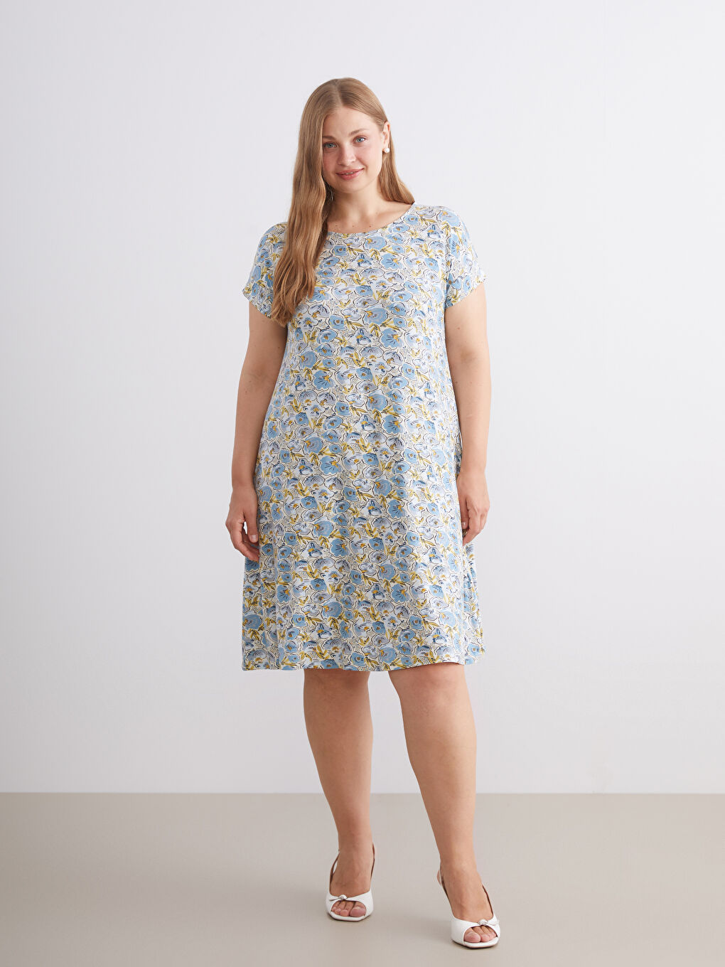 Yeşil Bisiklet Yaka Çiçekli A Kesim Elbise-2