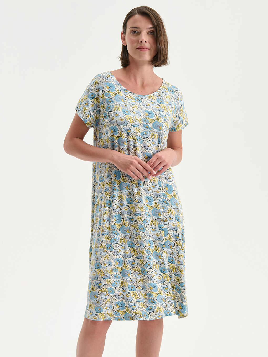 Yeşil Bisiklet Yaka Çiçekli A Kesim Elbise-3