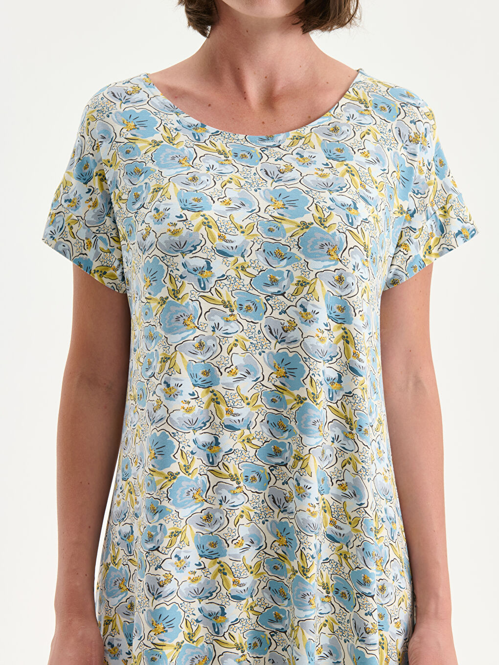 Yeşil Bisiklet Yaka Çiçekli A Kesim Elbise-4