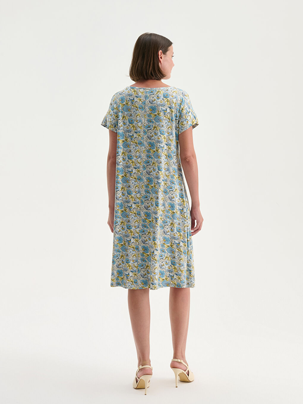 Yeşil Bisiklet Yaka Çiçekli A Kesim Elbise-5