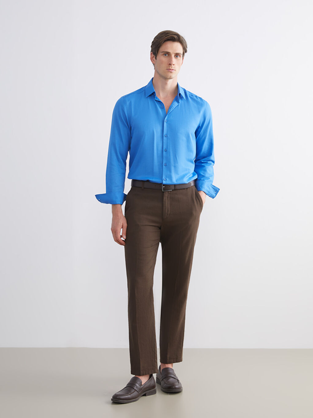 Mavi Önden Düğme Kapamalı Düz Uzun Kollu Erkek Gömlek-1